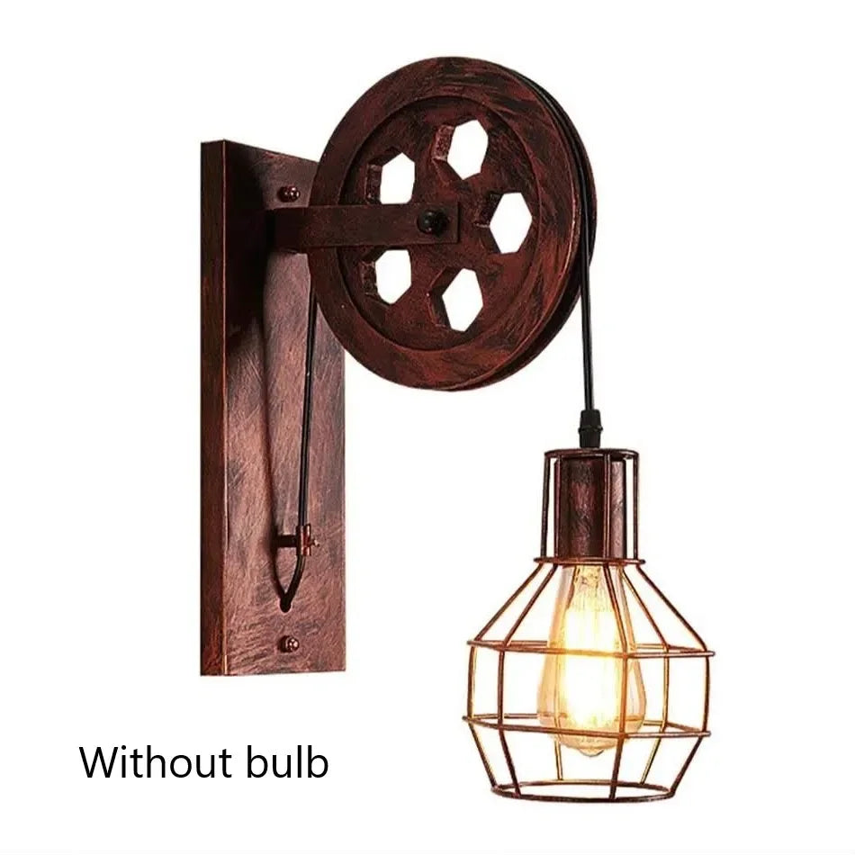 Afralia™ Wrought Iron Pulley Wall Lamp for Home Bedroom Sconce Lighting Fixture E27
