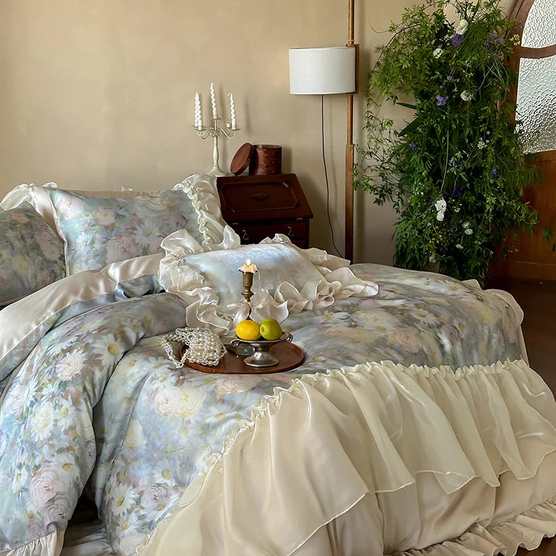 Afralia™ Vintage Flowers Lace Ruffles 800TC Eucalyptus Bedding Set