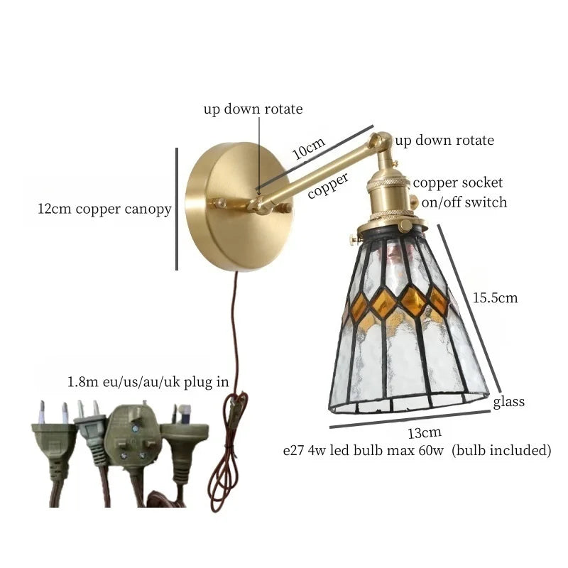Afralia™ Tiffany Glass LED Wall Lamp Pull Chain Switch Vintage Copper Wall Lights