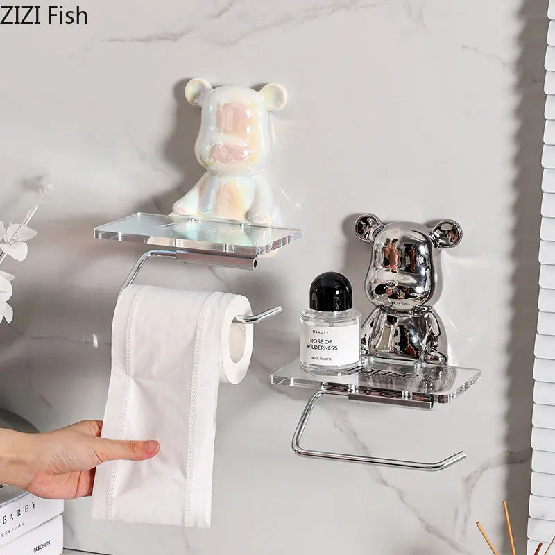 Afralia™ Silver Bear Tissue & Towel Rack: Acrylic Wall Storage for Bathroom Organization