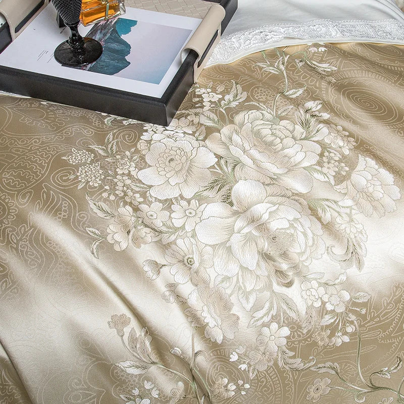 Afralia™ Peony Flowers Satin Jacquard Bedding Set, Luxurious Egyptian Cotton, Soft & Silky Quality