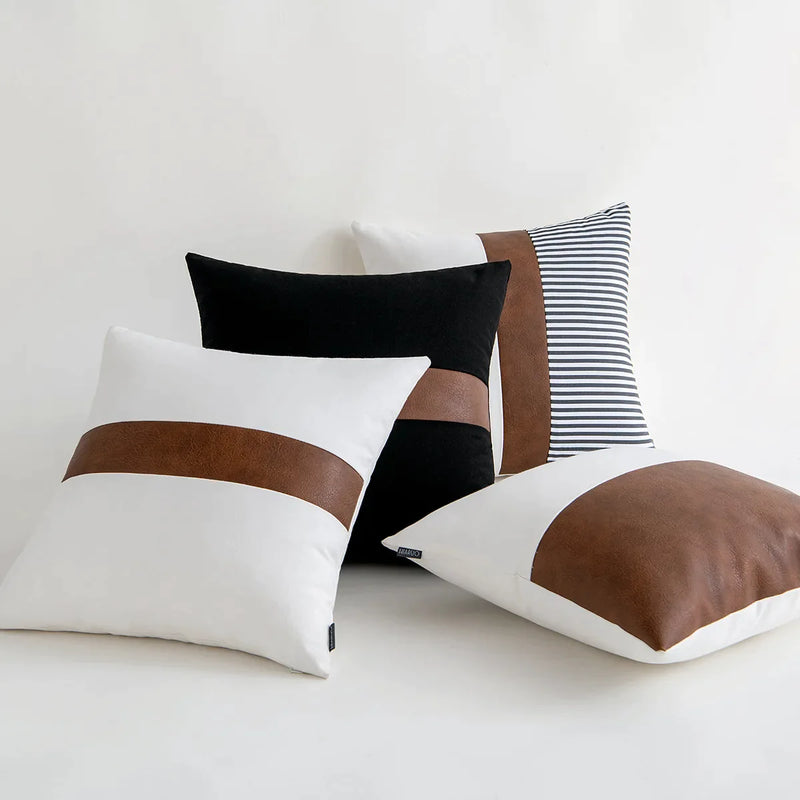 Afralia™ Patchwork Cushion Cover Cotton Brown White Black Modern Home Decor