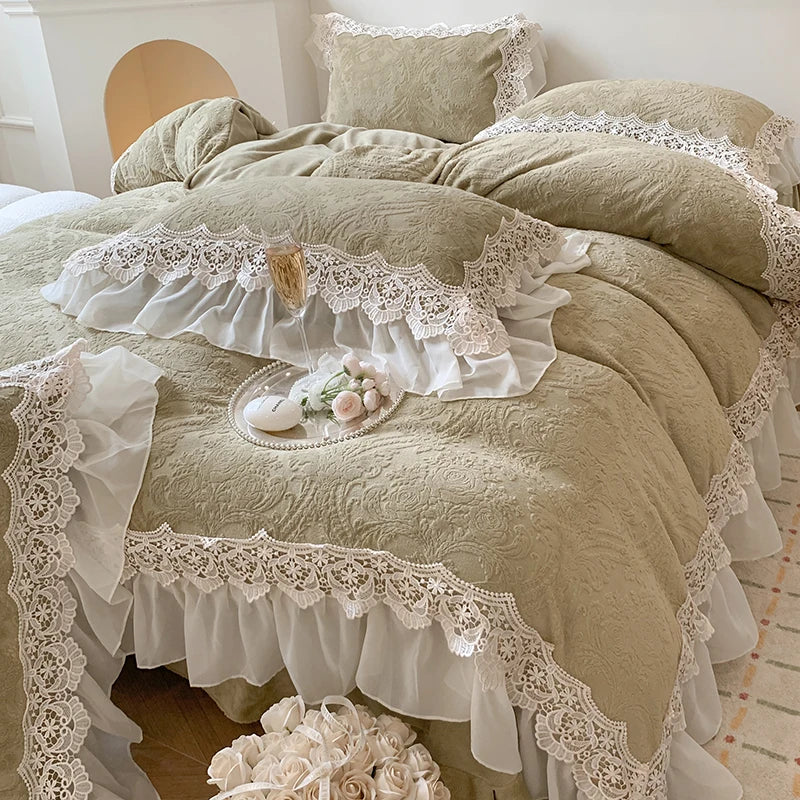Afralia™ Luxe Velvet Lace Ruffle Duvet Set with Plush Pillowcases, Winter Bedding Collection