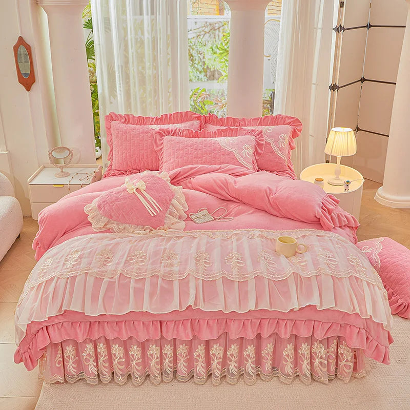 Afralia™ Princess Burgundy Red Velvet Bedding Set - Duvet Cover, Bed Skirt, Bedspread, Pillowcases