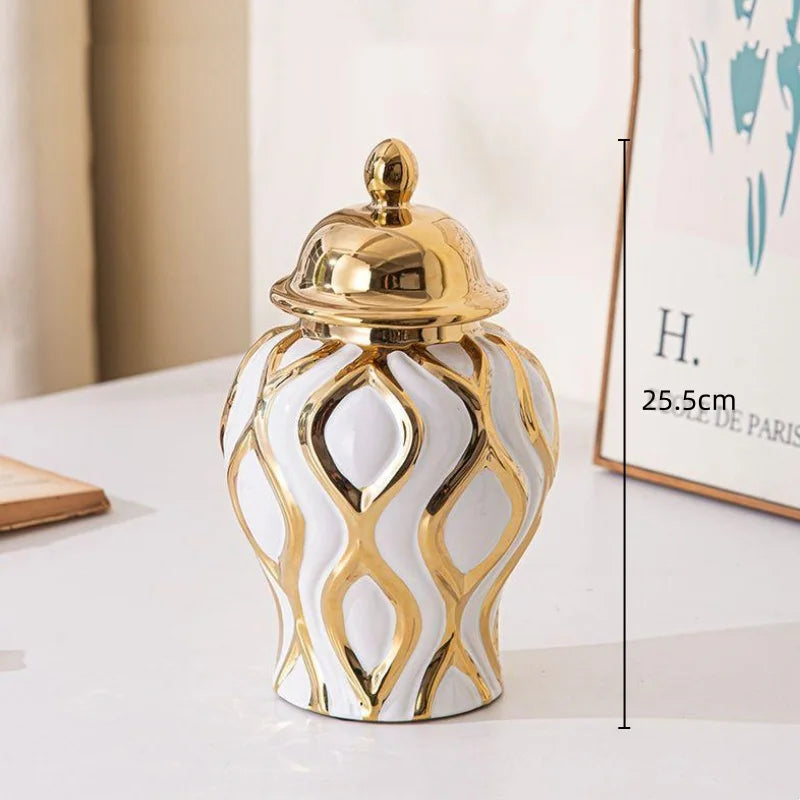 Afralia™ Geometric Pattern Golden Porcelain Ginger Jar Vase - Home Decoration Ceramic Craft Ornament
