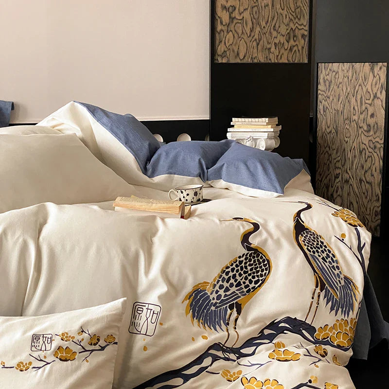 Afralia™ Red-crowned Crane Embroidery Bedding Set, 40S Washed Cotton, Soft & Skin Friendly
