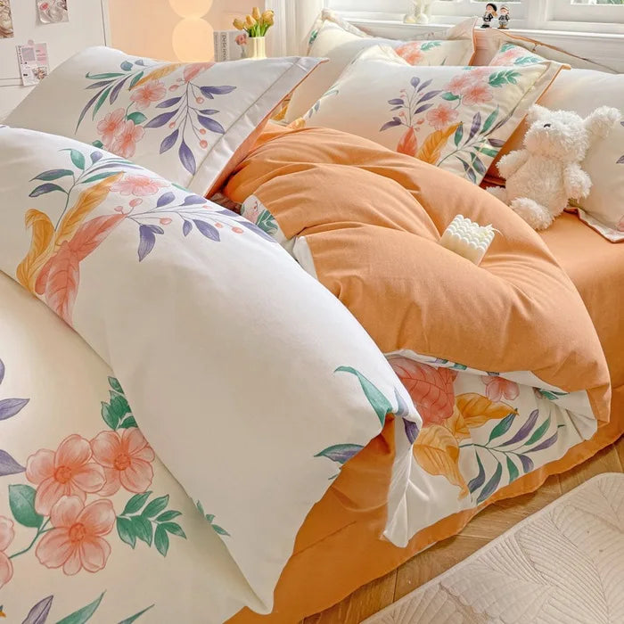 Afralia™ Plant Printed Cotton Brushed Duvet Cover Set for Double Bed