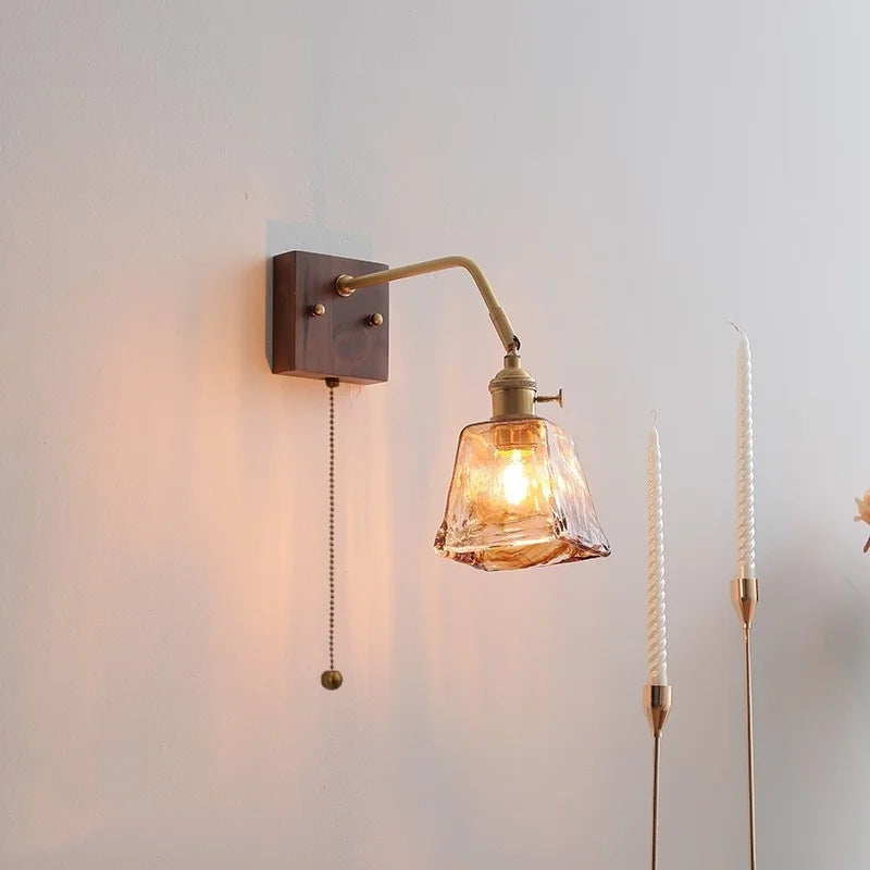 Afralia™ Walnut Copper LED Wall Lights Fixture with Pull Chain Switch - Modern Bedside Lamp