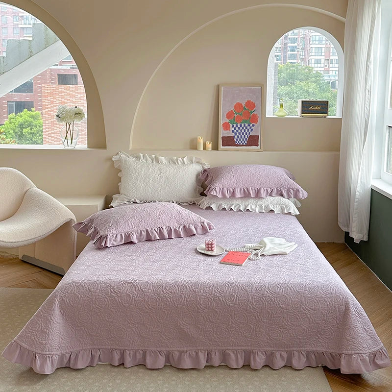 Afralia™ Rose Flower Bed Cover Set: Quilted Washed Cotton with Lace Ruffles, Two-Sided Design