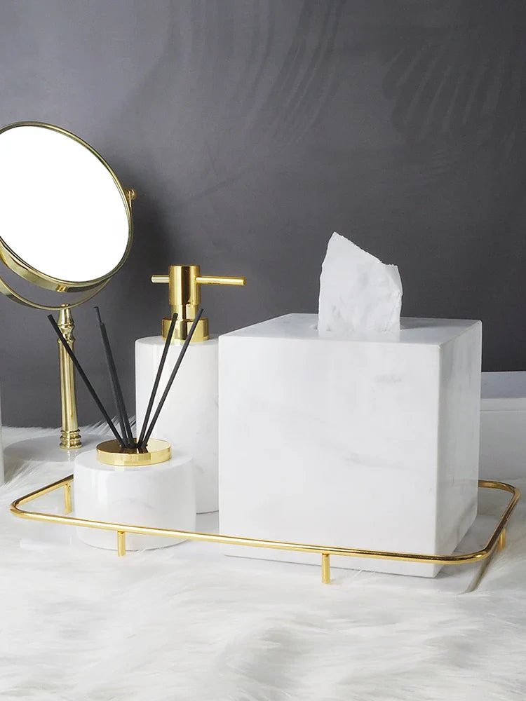Afralia™ Volakos White Marble Bathroom Set: Soap Dispenser, Makeup Rack, Vanity Tray