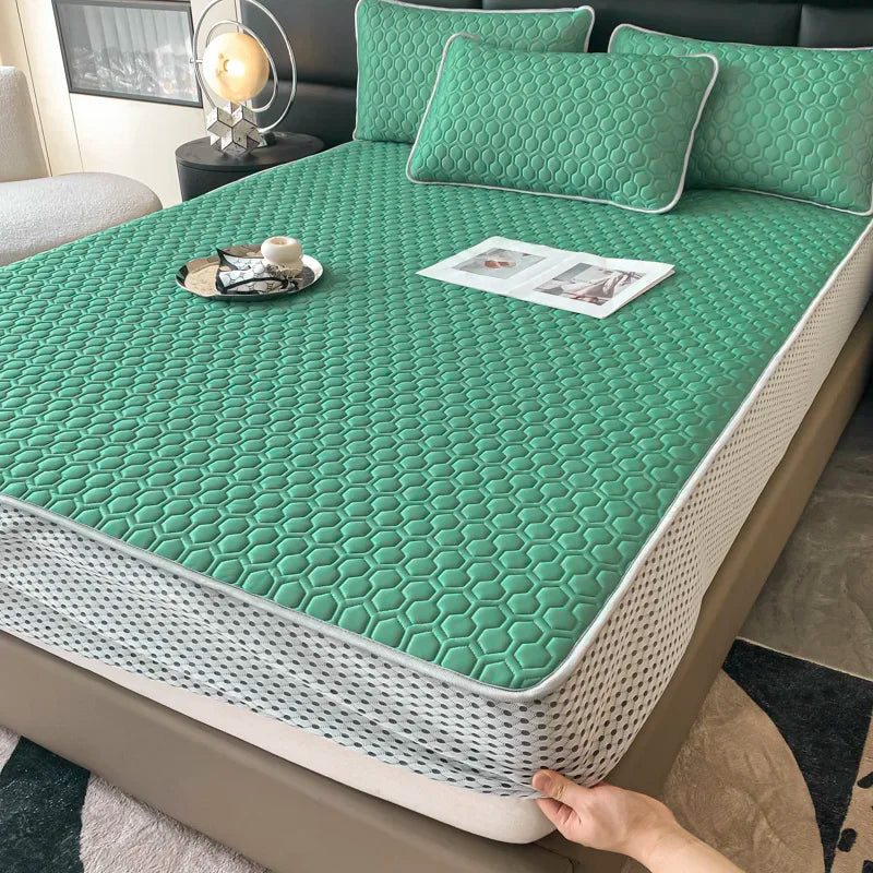 Afralia™ Queen Size Cooling Fitted Sheet Set - Soft Latex Ice Silk Mat & Pillowcase