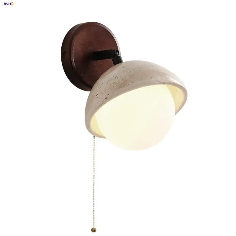Afralia™ Yellow Travertine LED Wall Light with Pull Chain Switch, Nordic Modern Glass Wood Lamp