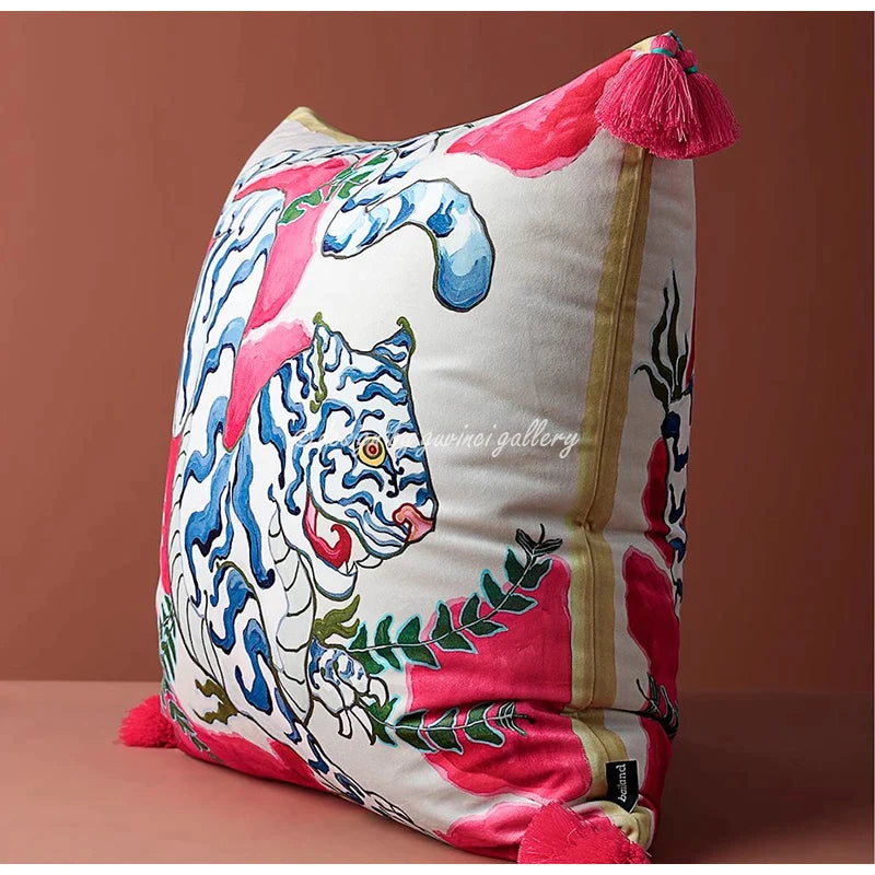 Afralia™ Tibet Tiger Velvet Pillow Cover with Tassels - Exotic Home Decor