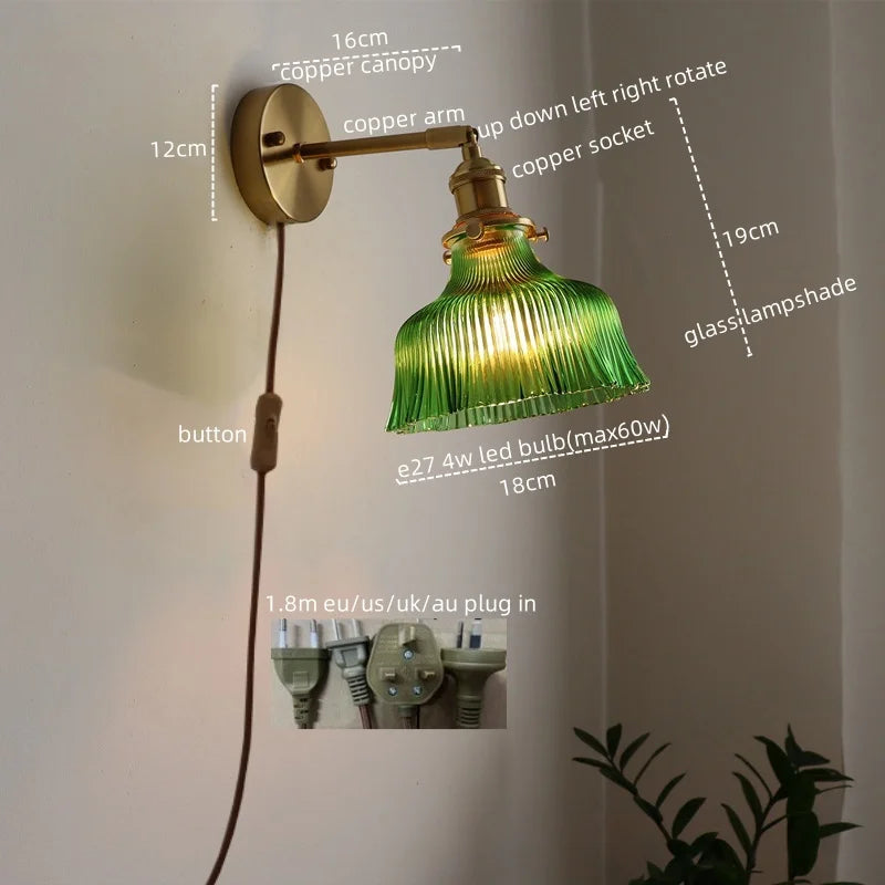 Afralia™ Retro Copper Glass LED Wall Lamp with Pull Chain Switch for Living Room