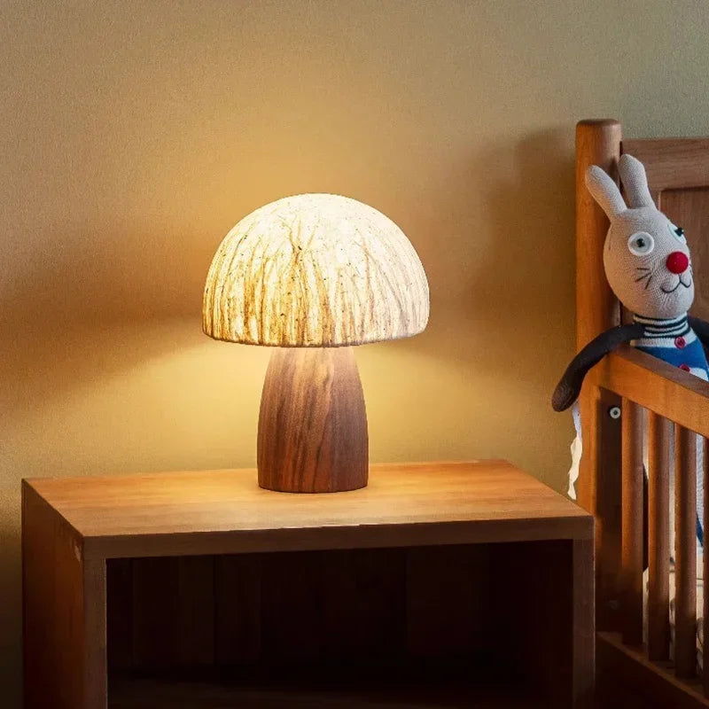 Afralia™ Walnut Wood Mushroom Table Lamp, Simple Modern Retro Wabi-sabi Décor