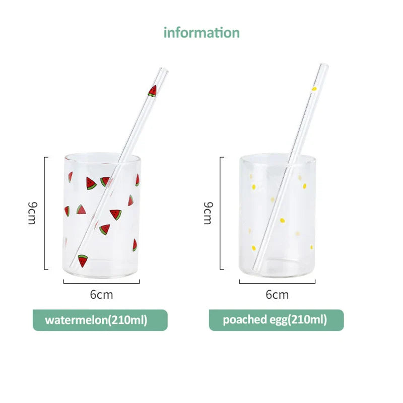 Afralia™ Strawberry Nordic Glass Cup with Straw - 300ml Cute Creative Water Milk Cup