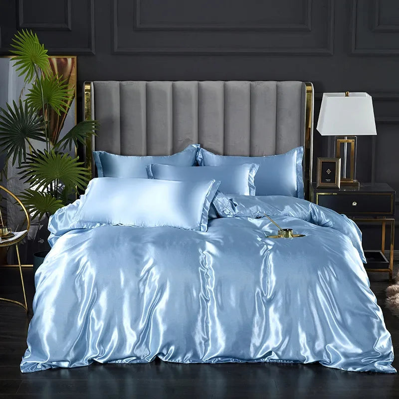 Afralia™ Nordic Faux Silk Solid Color Bedding Sets for Queen/King Bed Home Décor