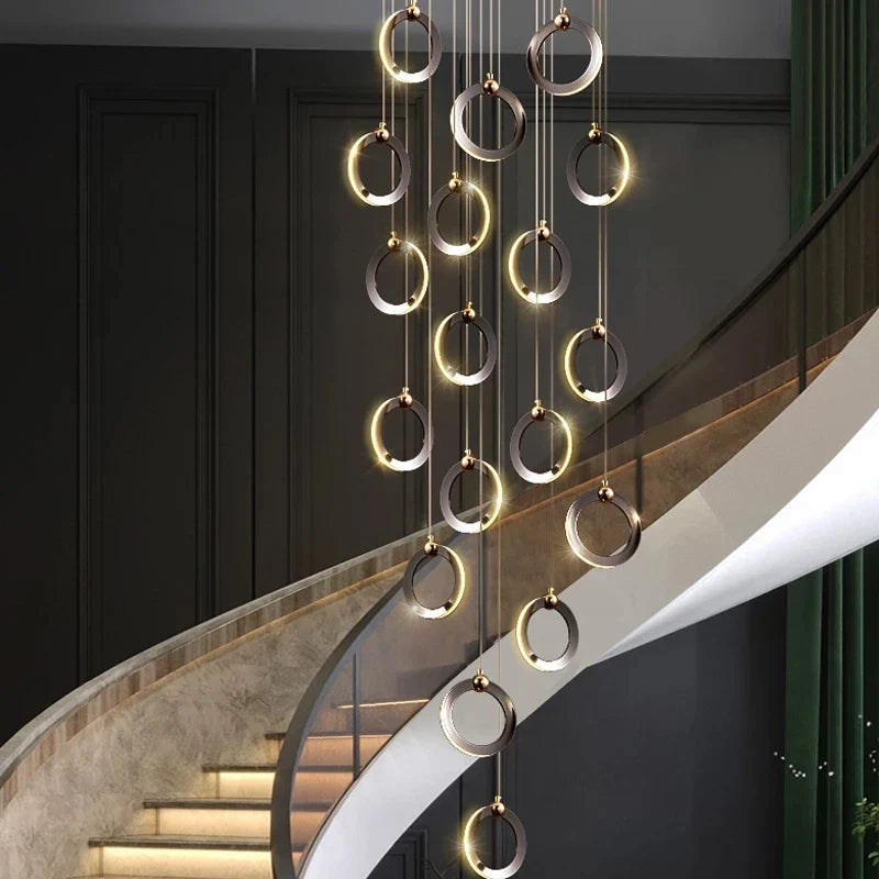 Afralia™ Aluminum LED Chandelier Crystal Round Hanging Lamps Luxury Staircase Lighting Fixtures