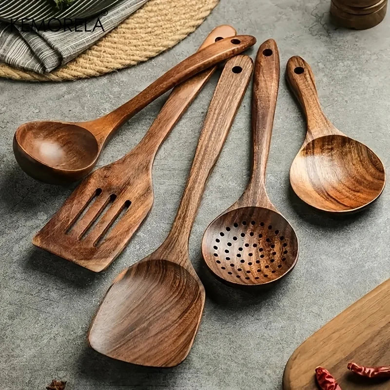 Afralia™ 5PCS Teak Wooden Cooking Spoon Set - Natural Kitchen Tableware Tools