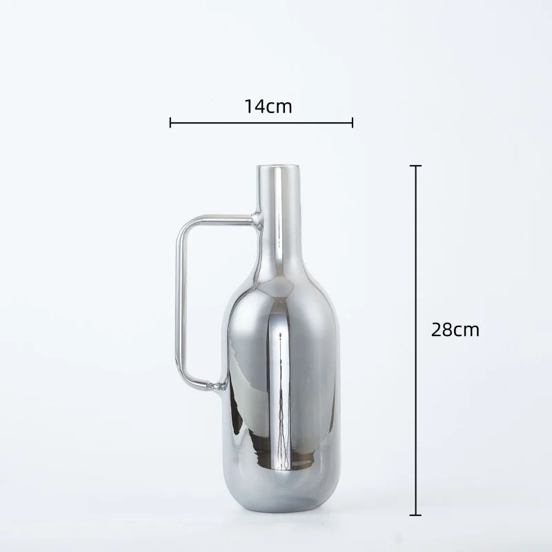 Afralia™ Silver Glass Vase with Geometric Handle for Living Room Dining Kitchen