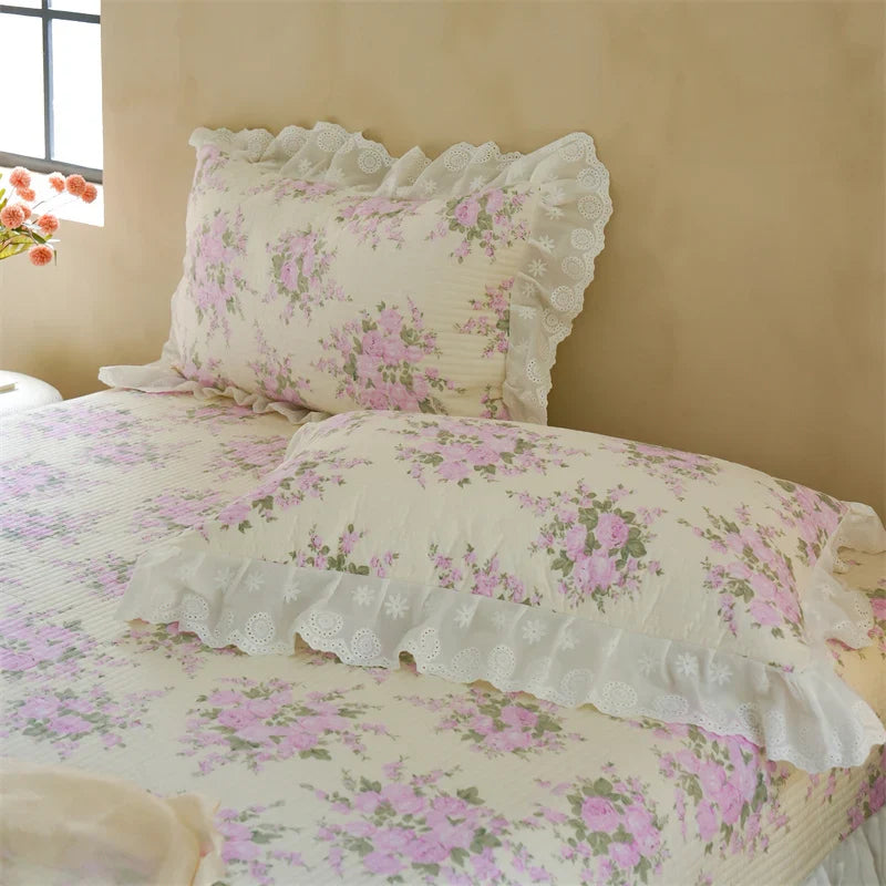 Afralia™ Cotton Floral Ruffles Quilted Bedspread Set with Pillowcases