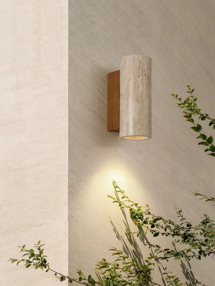 Afralia™ Yellow Travertine Stone Wall Lamp Vintage Style Cream Wood Lights