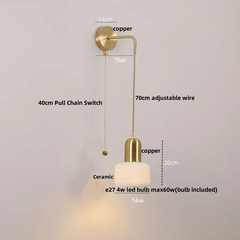 Afralia™ Ceramic LED Wall Sconce with Walnut Wood Pull Chain Switch - Nordic Style