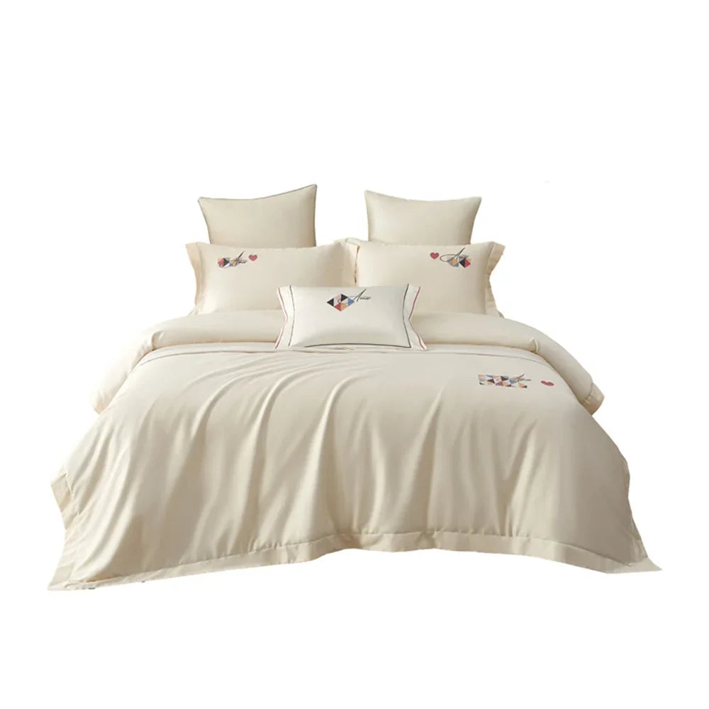 Afralia™ Pink Satin Jacquard Lotus Duvet Set 4Pcs Queen King Bedlinens