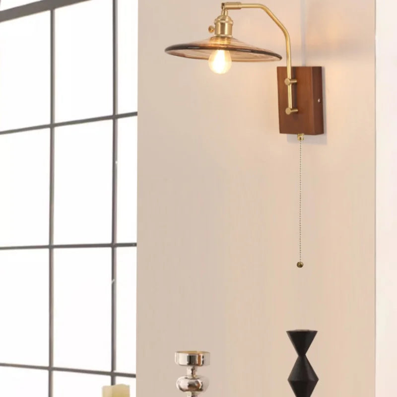Afralia™ Walnut Wood LED Wall Light Nordic Modern Glass Pull Chain Switch