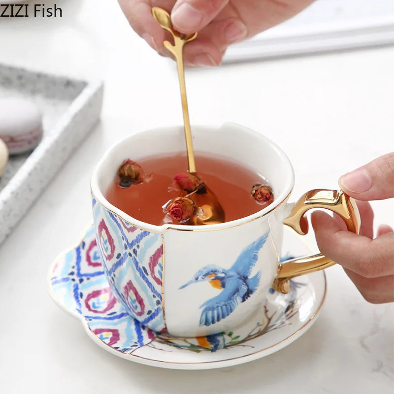 Afralia™ Flowers Bird Pattern Ceramic Tea & Coffee Mug Saucer Set Dining Table Cup