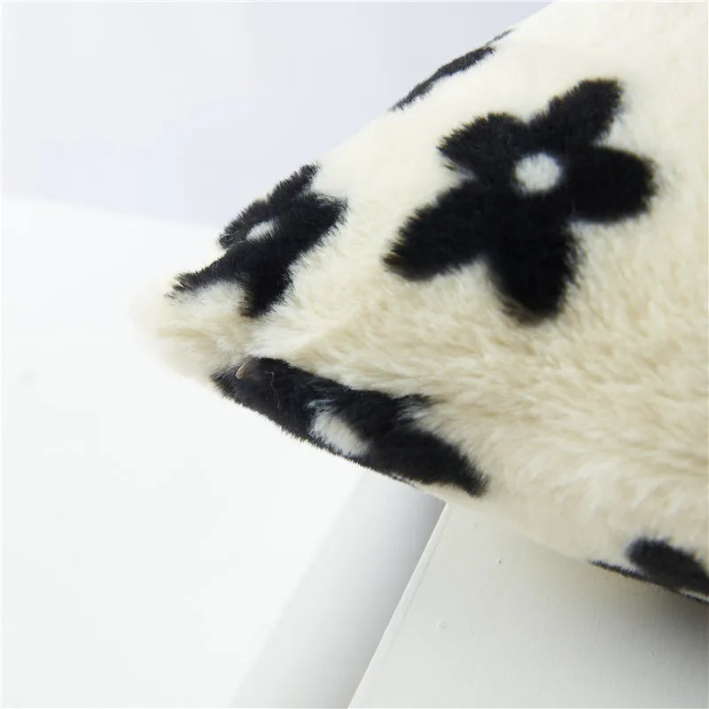 Afralia™ Black/White Flower Cow Pattern Plush Cushion Cover 50x50 - Double Sided Print