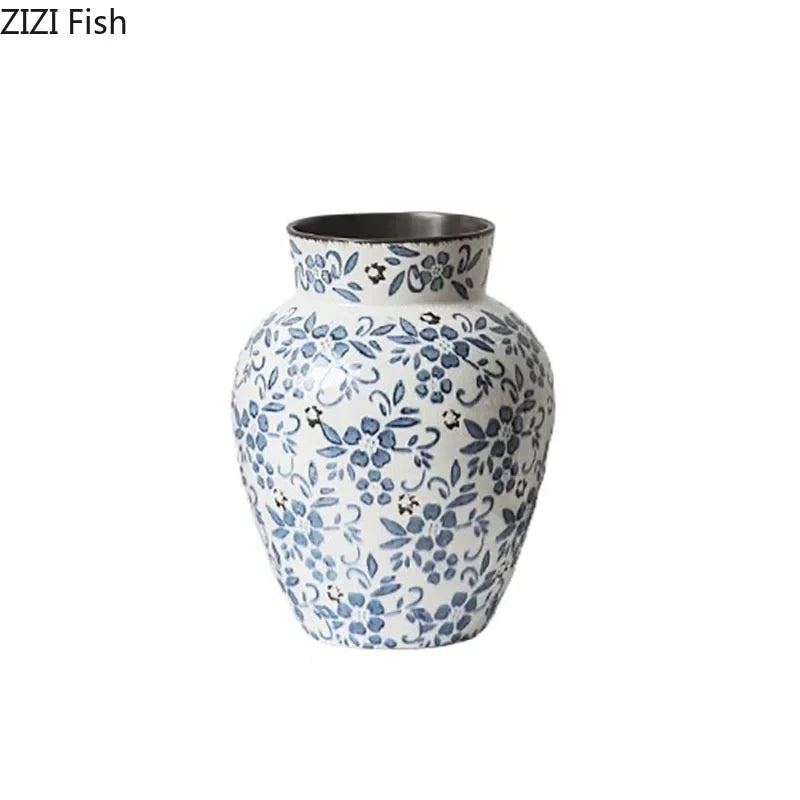 Afralia™ Blue White Porcelain Vase Hydroponic Ceramic Flower Pot Room Decor