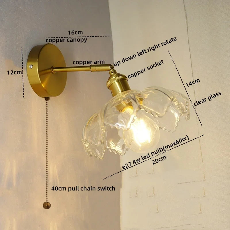 Afralia™ Nordic LED Wall Lights Pull Chain Switch Copper Glass Home Decor