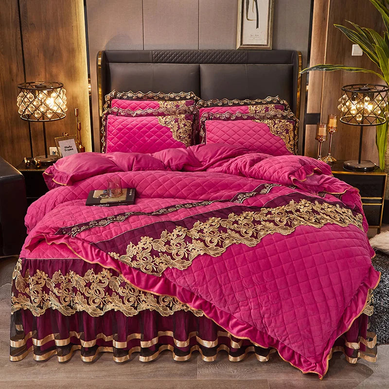 Afralia™ Black Gold Luxury Crystal Velvet Bedding Set with Quilted Embroidery & Ruffles
