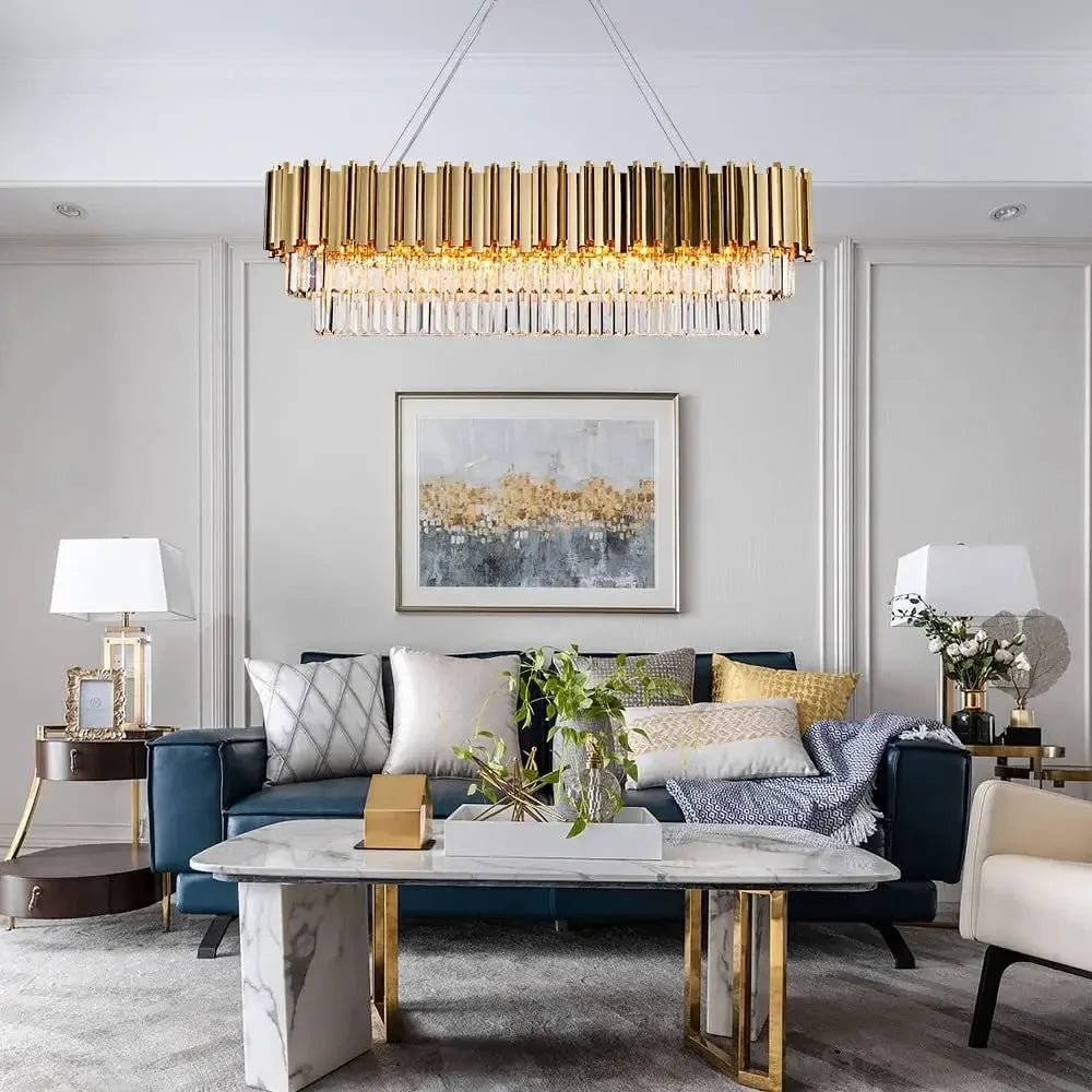 Afralia™ Gold Crystal Chandeliers for Dining Room Kitchen Island - Luxury Oval Pendant Lights Fixture