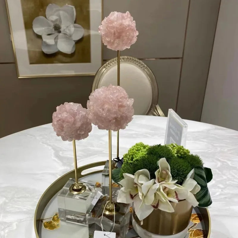 Afralia™ Crystal Flower Glass Craft Hyalinite Sculpture Metal Decorative Figurine