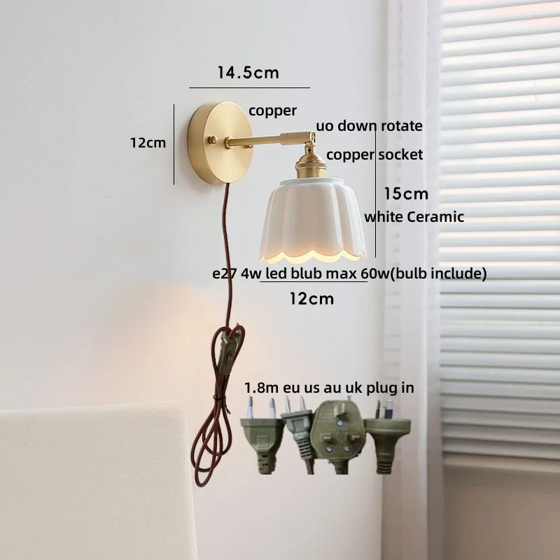 Afralia™ Ceramic Copper LED Wall Sconce Pull Chain Switch Reading Room Bedside Lamp