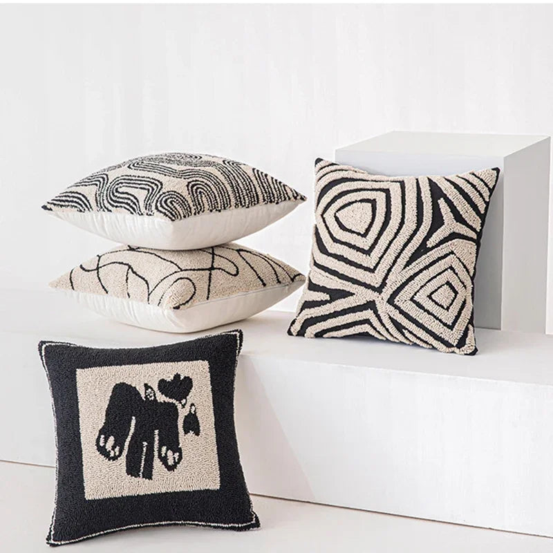 Afralia™ Geometric Embroidered Cushion Cover in Modern Beige and Black