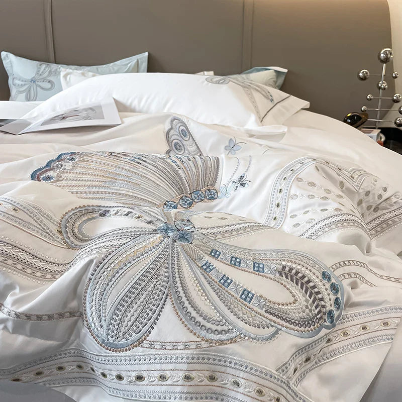 Afralia™ Luxury Butterfly Embroidery Wedding Bedding Set with 100% Egyptian Cotton Quality