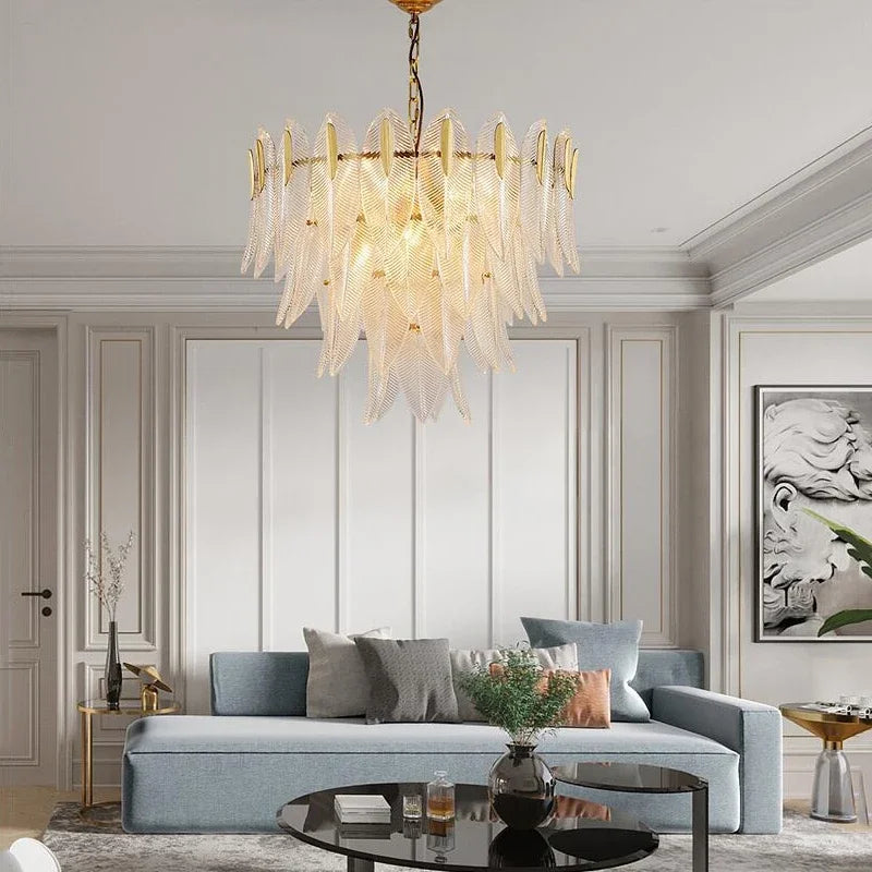 Afralia™ Glass Leaf Luxury Chandelier LED Pendant Lights for Modern Living Room