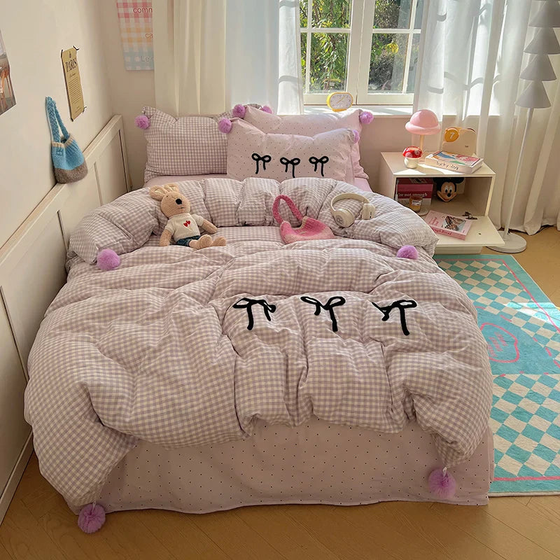 Afralia™ Korean Princess Bow Lattice Pompom Bedding Set - Single Queen Size