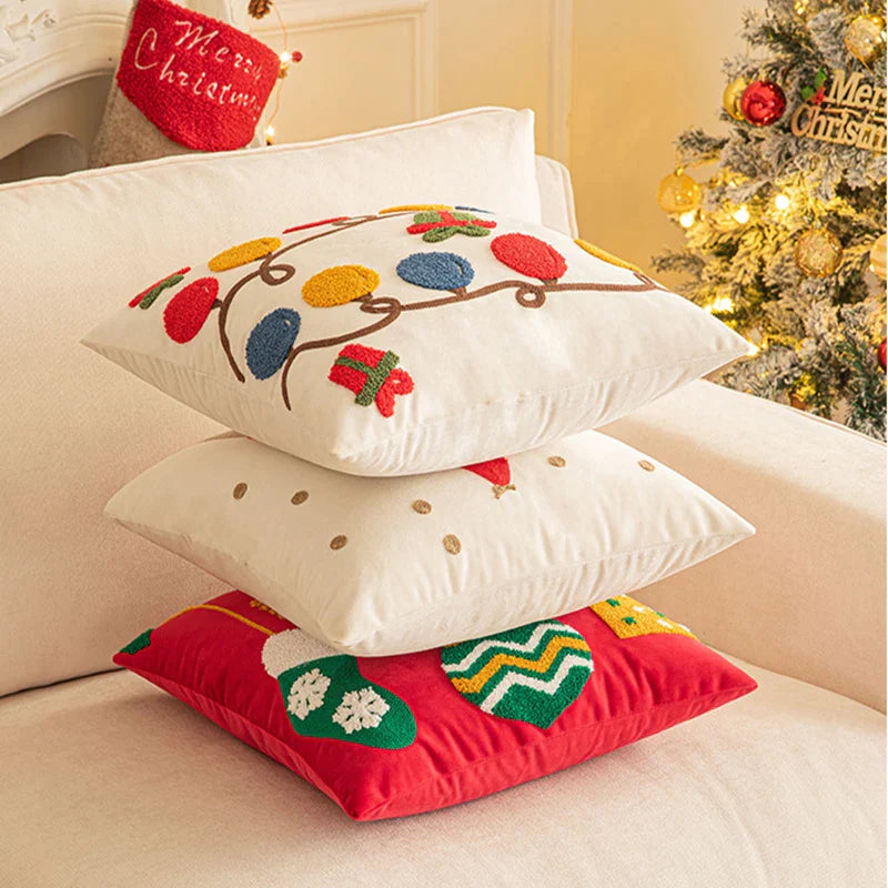 Afralia™ Christmas Embroidered Red Geometric Pillow Cover for Festive Home Decor