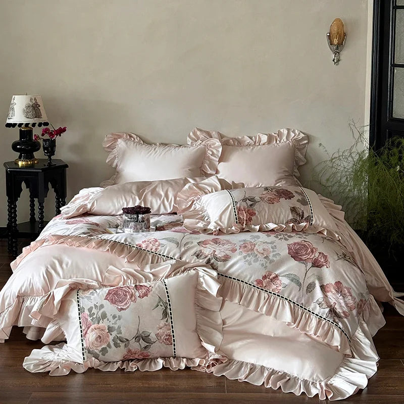 Afralia™ Rose Ruffles Bedding Set in Egyptian Cotton - Double Queen King Sizes