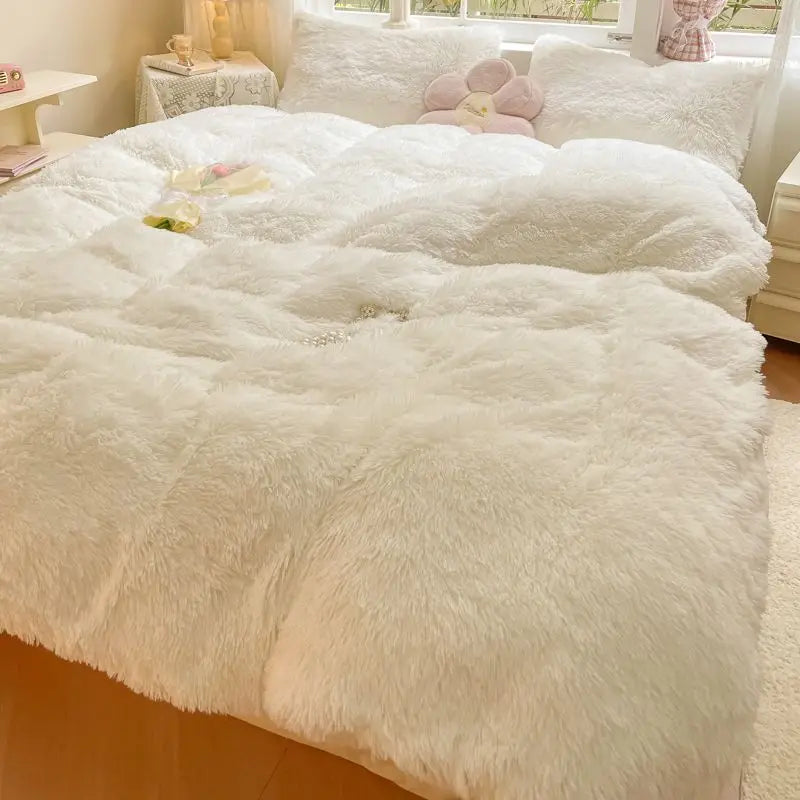 Afralia™ Shaggy Faux Rabbit Fur Bedding Set: Cozy Gradient Coral Fleece Quilt, Duvet Cover, Pillowcases
