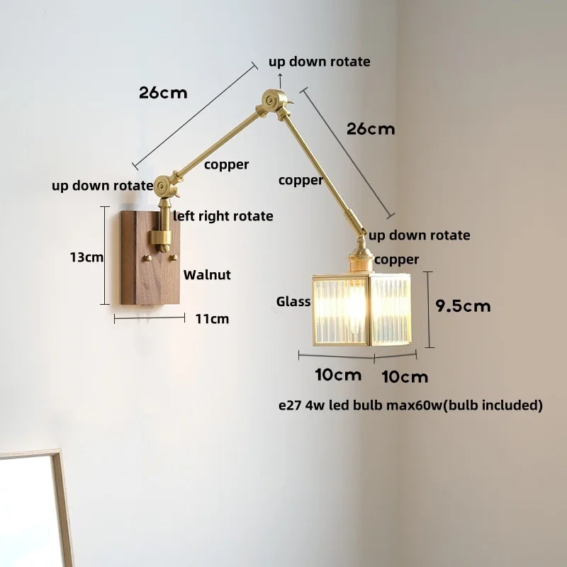 Afralia™ Cube Glass LED Wall Sconce Walnut Wood 2 Arms Rotatable Mirror Light