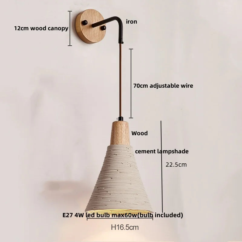 Afralia™ Nordic LED Wall Sconce Wood Cement Interior Home Decor Plug-In Bedside Light