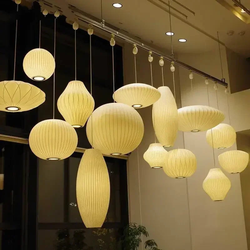 Afralia™ White Silk Pendant Chandelier for Living Room Hotel Hall - Modern Ceiling Lamp