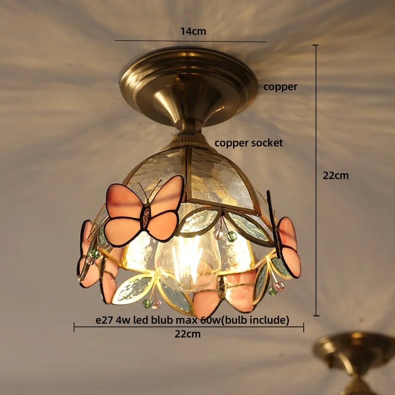 Afralia™ Handcrafted Glass Copper Canopy Ceiling Light Tiffany Style Glass Vintage Loft