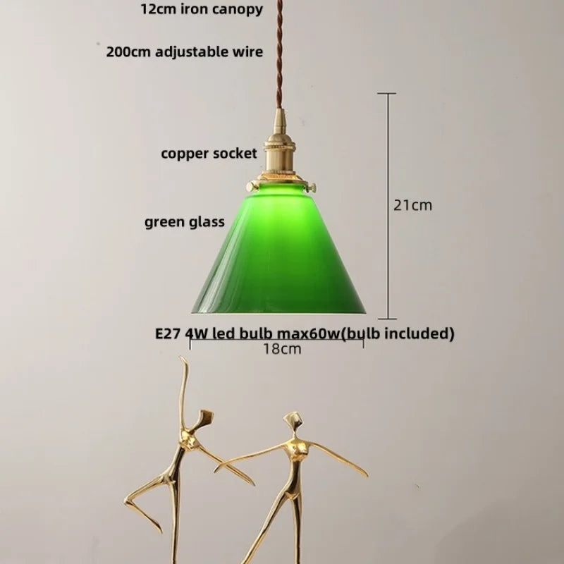 Afralia™ Copper Canopy LED Pendant Light Fixture Green Glass Hanging Lamp
