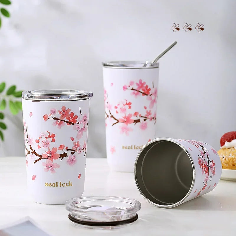 Afralia™ Cherry Blossom Stainless Steel Thermal Travel Mug with Leak-Proof Lid & Straw